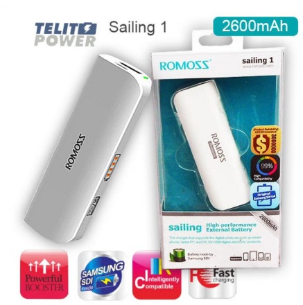 Sailing 1, Аккумулятор внешний 2600 mAh,
Аккумулятор внешний 2600 mAh
Capacity: 2600mAh (Cell brand: Samsung)
Input: DC5V 1A
Output: DC5V 1A 
Size:~L90*W30*H21 mm (~L3.54*W1.18*H0.83inches )
Weight: 74g/ 2.61oz           
Colour:white
Support device: mobile phones, smartphones, MP3, other digital products with DC5V input.