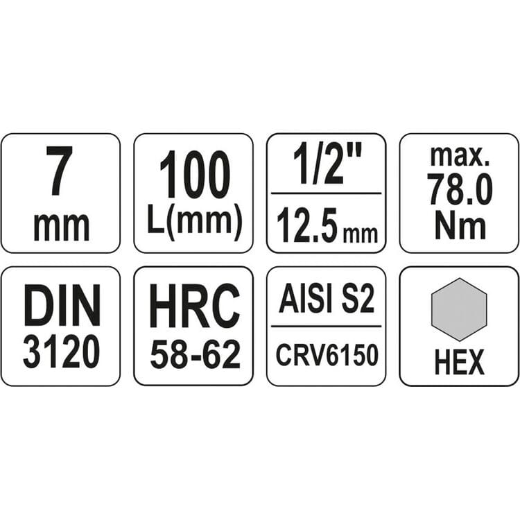 YT-04393, 1/2" Головка-бита шестигранная удлинённая (HEX) M7, L=100 мм,
1/2" Головка-бита шестигранная удлинённая (HEX) M7, L=100 мм
