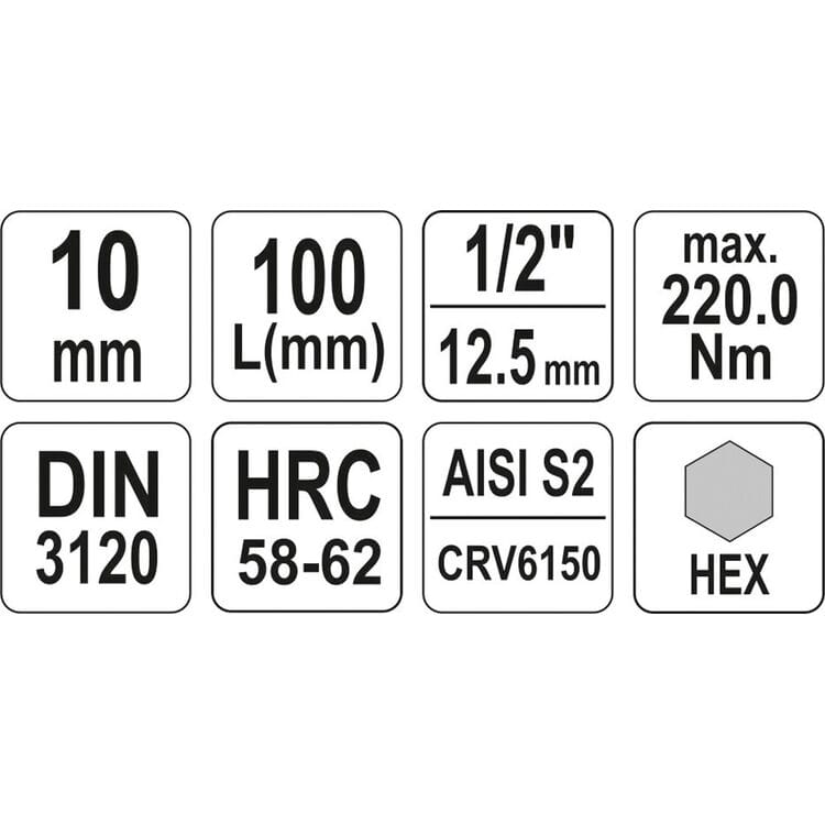 YT-04395, 1/2" Головка-бита шестигранная удлинённая (HEX) M10, L=100 мм,
1/2" Головка-бита шестигранная удлинённая (HEX) M10, L=100 мм