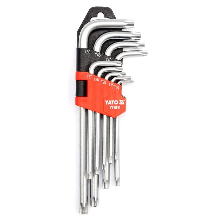 YT-0511, Набор ключей TORX Г-образных Т10-Т50 короткие с отверстием CrV (9шт),
Набор ключей TORX Г-образных Т10-Т50 короткие с отверстием CrV (9шт)
Содержание набора: T10, T15, T20, T25, T27, T30, T40, T45, T50