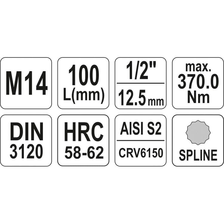 YT-04355, 1/2" Головка-бита Spline удлиненная M14, L=100 мм,
1/2" Головка-бита Spline удлиненная M14, L=100 мм