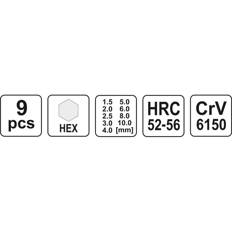 YT-0500, Набор ключей Hex Г-образных М1.5-10 мм CrV (9шт),
Набор ключей Hex Г-образных М1.5-10 мм CrV (9шт)
1.5, 2, 2.5, 3, 4, 5, 6, 8, 10 мм